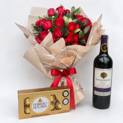 ARREGLO DE FLORES MAS VINO Y CHOCOLATES