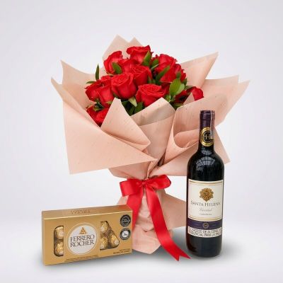 Bouquet de Rosas con Chocolates Ferrero y Botella de Vino